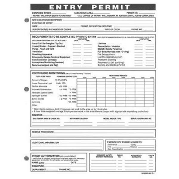 Conf Space Entry Permits, Nmc, Mfr#: EP1